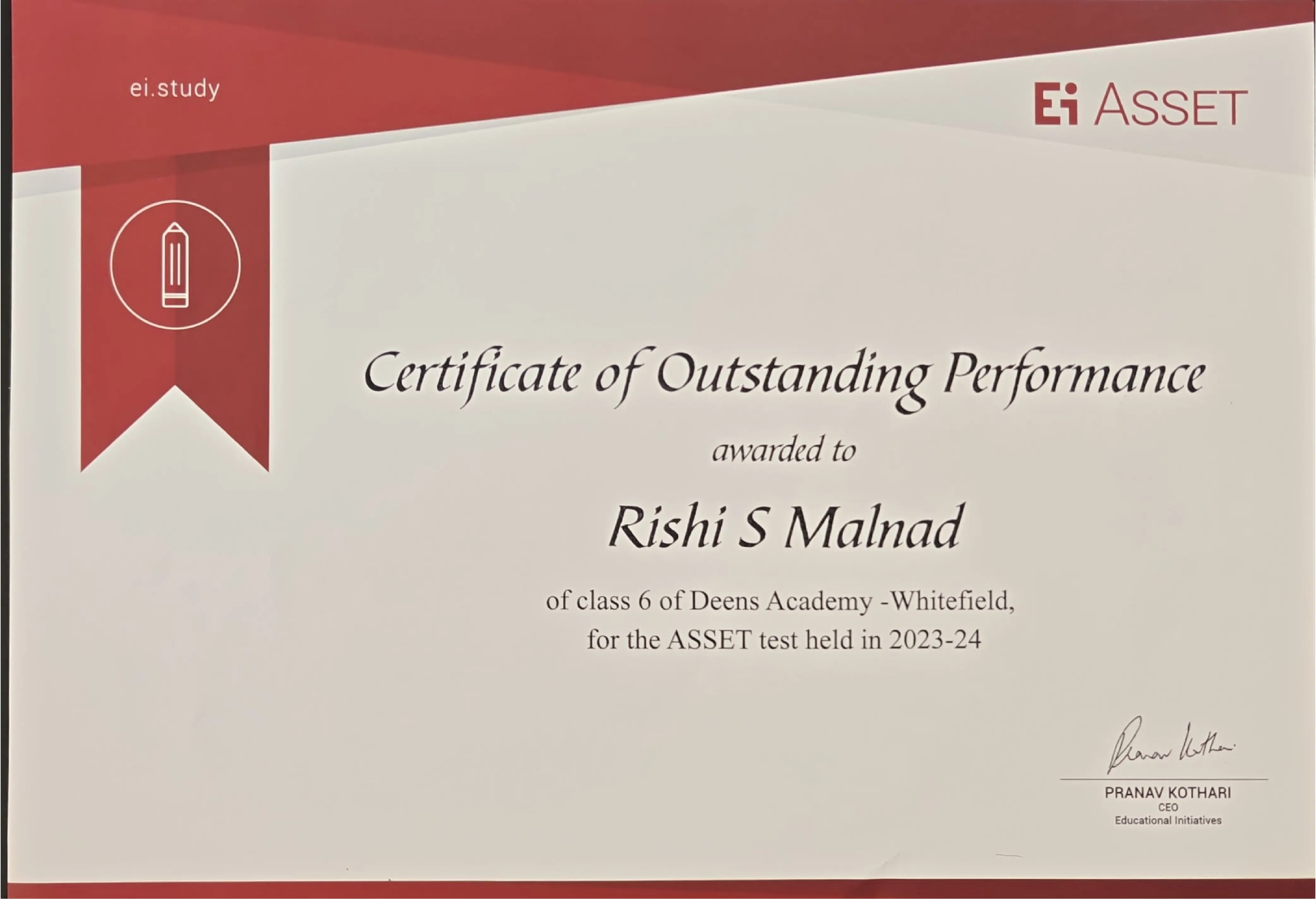 Ei Asset Certificate of Outstanding Performance (Grade 7 - 2024/25)